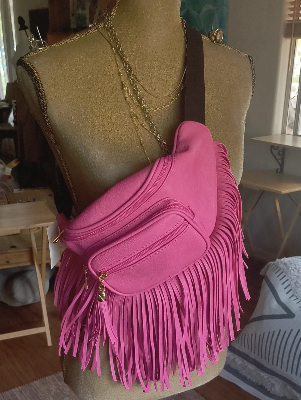 Fringe Faux Leather Crossbody Belt Bag - Pink